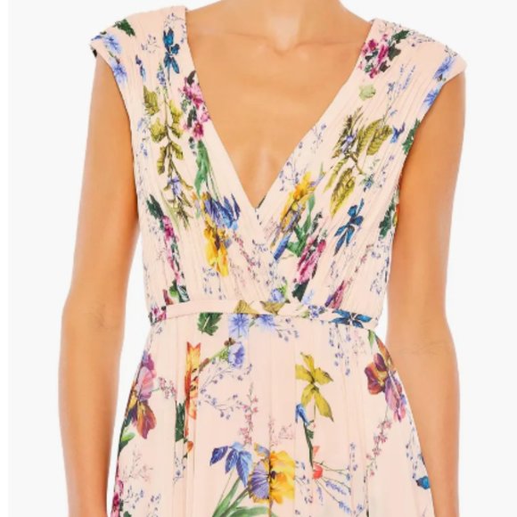 MAC DUGGAL PLEATED FLORAL CAP SLEEVE A-LINE PINK MULTI GOWN sz 14 - Picture 2 of 3